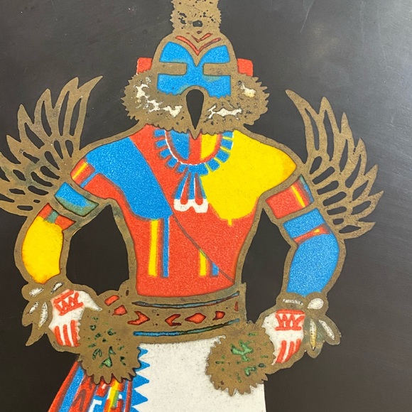 VTG 1960’s Courac Of Monterey Hopi Hummingbird Kachina Doll Brass Inlay Plate - Picture 11 of 15